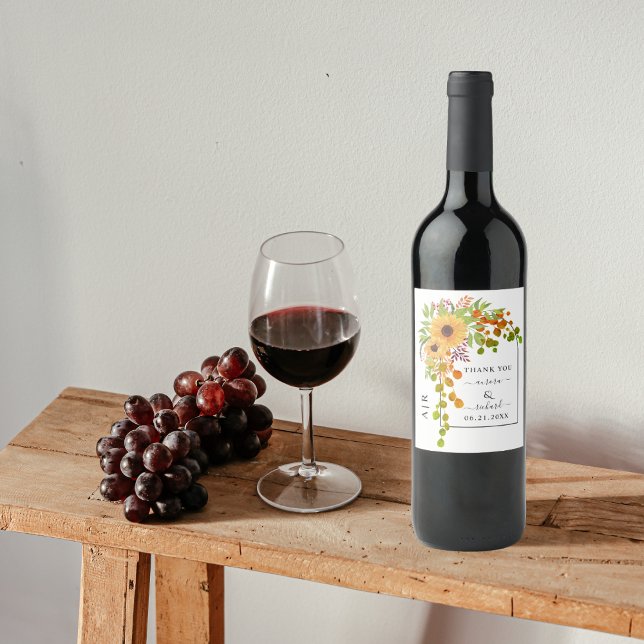 Yellow sunflowers, arch and initials fall wedding wine label (Creator Uploaded)