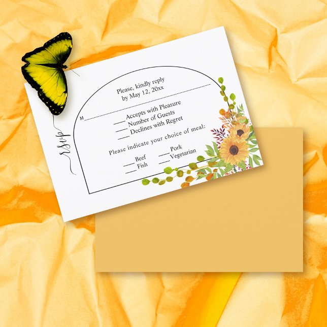 Yellow sunflowers, arch and monogram fall wedding RSVP card (Creator Uploaded)