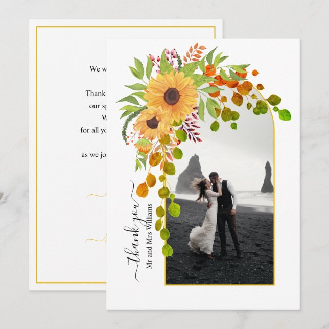 Yellow sunflowers, arch with photo fall wedding  thank you card (Front/Back)