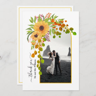 Yellow sunflowers, arch with photo fall wedding thank you card