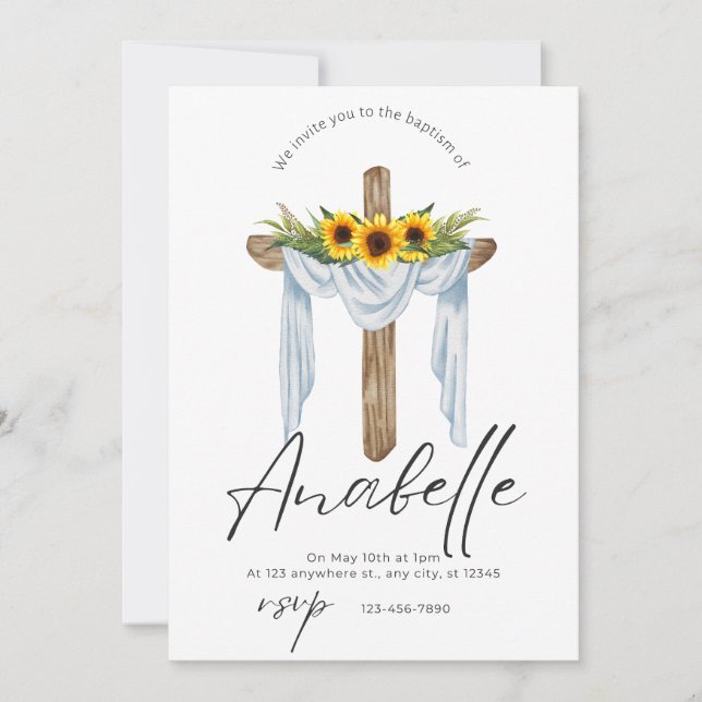 Yellow sunflowers baptism floral invitation (Front)