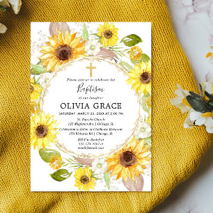 Yellow sunflowers baptism floral watercolor invitation