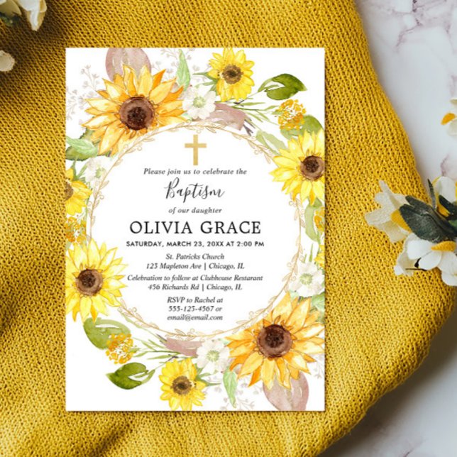 Yellow sunflowers baptism floral watercolor invitation (Creator Uploaded)