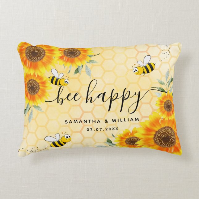 Yellow sunflowers bees rustic wedding couple decorative cushion (Front)