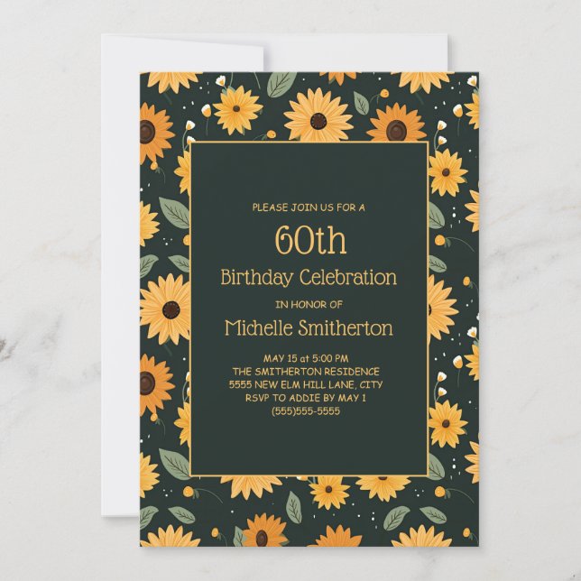 Yellow Sunflowers Black 60th Birthday  Invitation (Front)