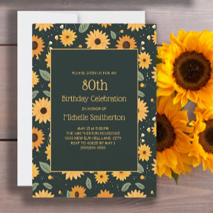 Yellow Sunflowers Black 80th Birthday Invitation