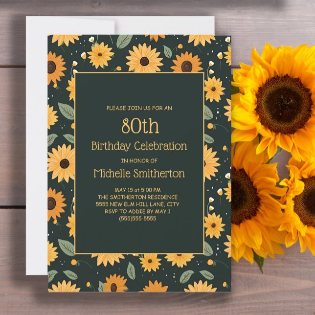 Yellow Sunflowers Black 80th Birthday  Invitation (Cute sunflowers on black 80th birthday party invitation for women.)