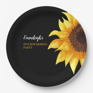 Yellow Sunflowers Black Housewarming Party Paper Plate