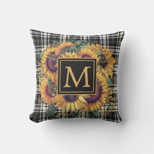 Yellow Sunflowers Black White Plaid Monogram  Cushion