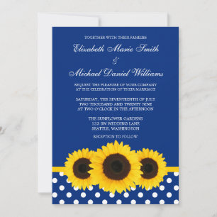 Yellow Sunflowers Blue and White Polka Dot Wedding Invitation