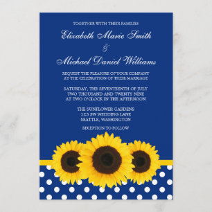 Yellow Sunflowers Blue and White Polka Dot Wedding Invitation
