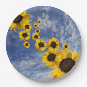 Yellow sunflowers blue sky paper plate