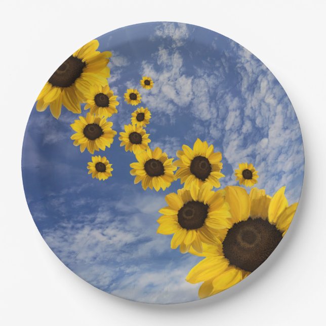 Yellow sunflowers blue sky paper plate (Front)