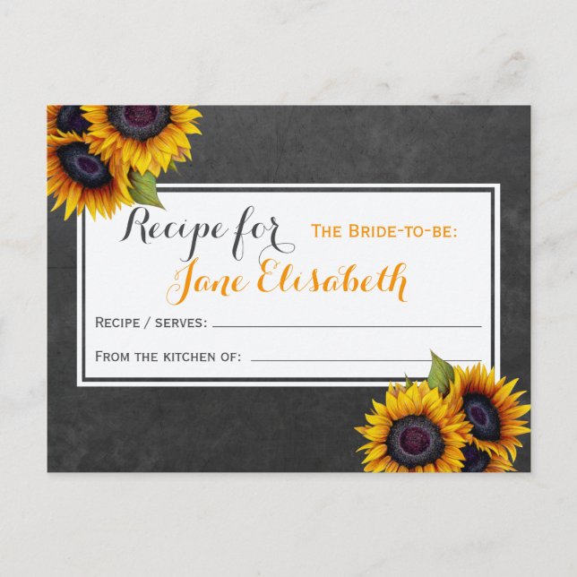 Yellow sunflowers chic bride to be recipe card (Front)