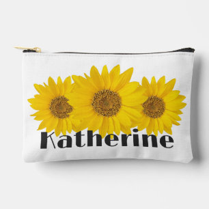 Yellow Sunflowers Custom Name White Accessory Pouch