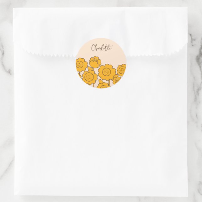  Yellow Sunflowers Customisable Name     Classic Round Sticker (Bag)