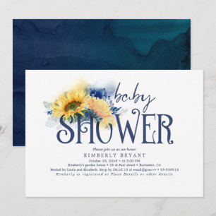 Yellow Sunflowers Elegant Navy Blue Baby Shower Invitation