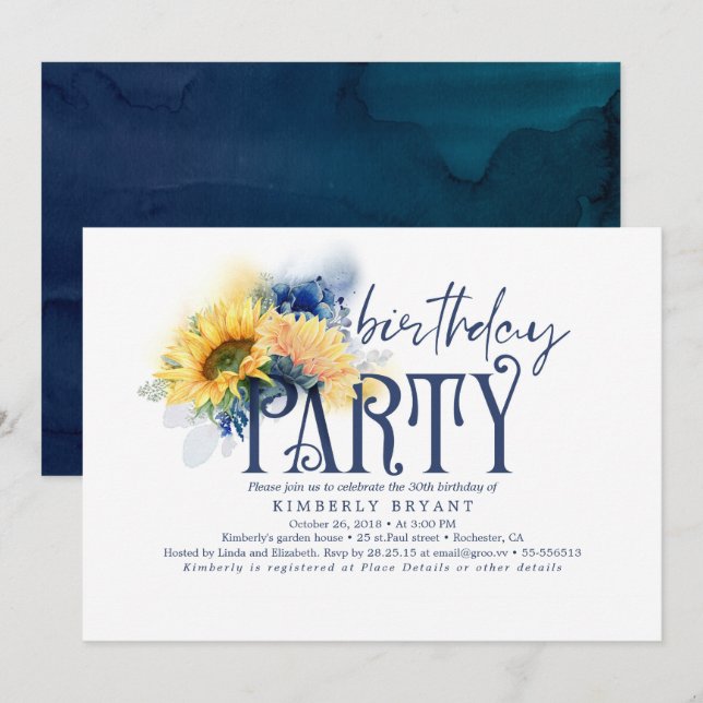 Yellow Sunflowers Elegant Navy Blue Birthday Invitation (Front/Back)