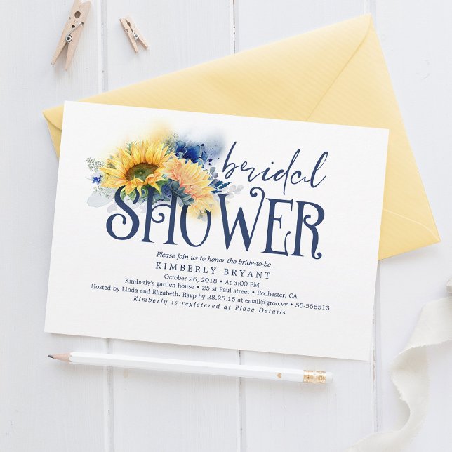 Yellow Sunflowers Elegant Navy Blue Bridal Shower Invitation (Creator Uploaded)