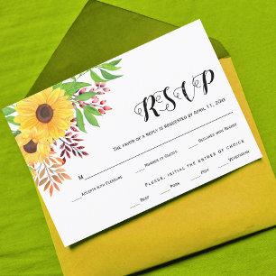 Yellow sunflowers, fall leaves wedding RSVP card
