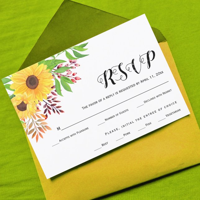 Yellow sunflowers, fall leaves wedding RSVP card (Creator Uploaded)