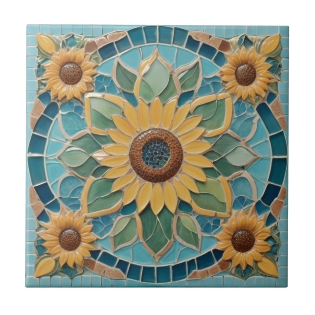 Yellow Sunflowers Faux Mosaic Aqua Blue Tile (Front)