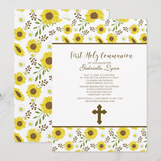 Yellow Sunflowers First Holy Communion Invitation (Front/Back)