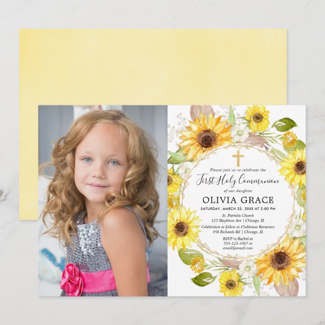 Yellow sunflowers First Holy Communion photo Invitation (Front/Back)