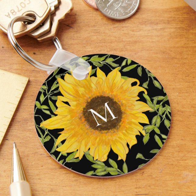 Yellow Sunflowers Floral custom monogram black Key Ring (Creator Uploaded)