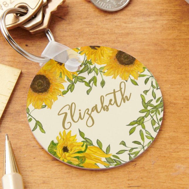 Yellow Sunflowers Floral custom name beige Key Ring (Creator Uploaded)