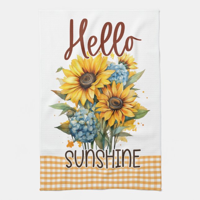 Yellow Sunflowers Floral Gingham Happy Sunshine Tea Towel (Vertical)