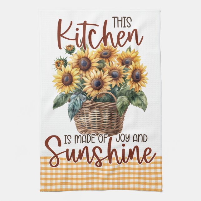 Yellow Sunflowers Floral Gingham Sunshine Joy Tea Towel (Vertical)