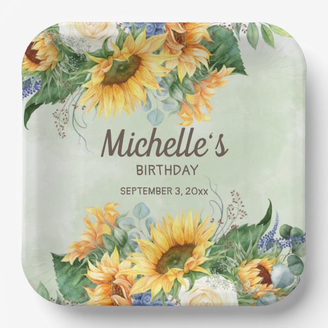 Yellow Sunflowers Green Eucalyptus Birthday Paper Plate (Front)