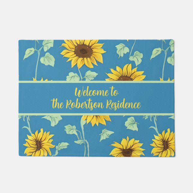 Yellow sunflowers green leaves blue background doormat (Front)