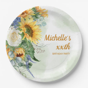 Yellow Sunflowers Green Leaves Woman's Birthday  Paper Plate