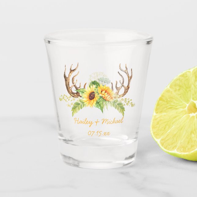 Yellow Sunflowers Greenery Antlers Wedding Favour Shot Glass (Front)