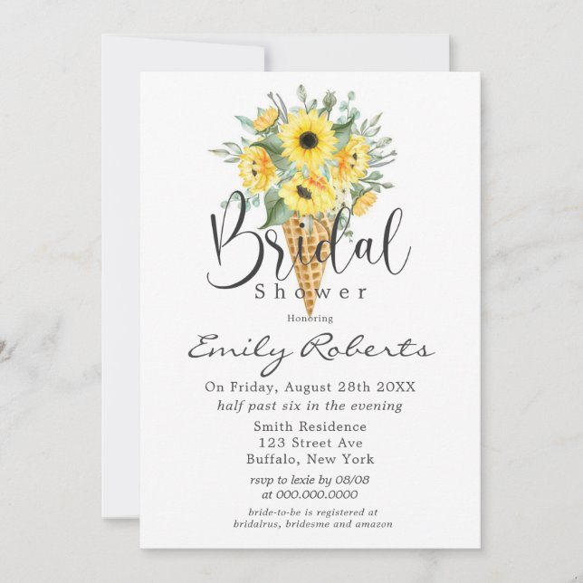 Yellow Sunflowers Ice Cream Cone Bridal Shower  Invitation (Front)