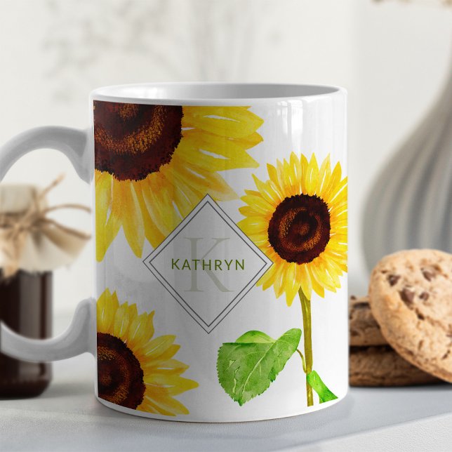 Yellow Sunflowers Illustrated Monogram Coffee Mug (Creator Uploaded)