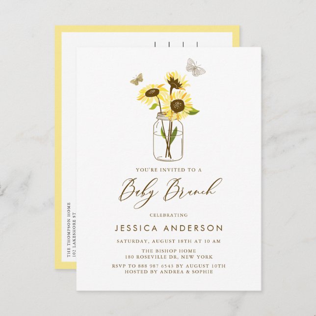 Yellow Sunflowers in a Mason Jar Baby Brunch Invitation Postcard (Front/Back)