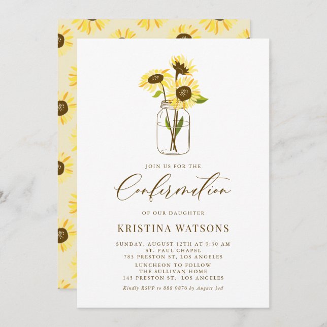 Yellow Sunflowers in a Mason Jar Confirmation Invitation (Front/Back)