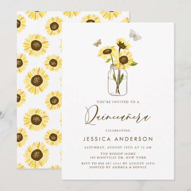 Yellow Sunflowers in a Mason Jar Quinceañera Invitation (Front/Back)