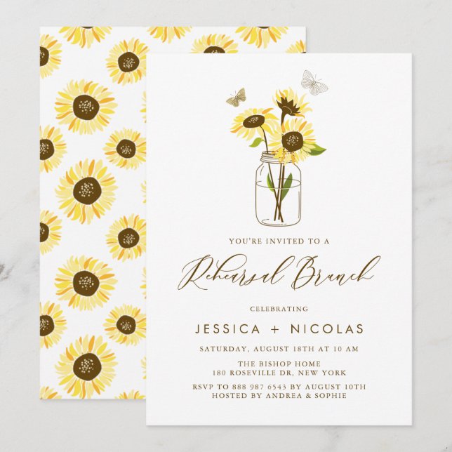 Yellow Sunflowers in a Mason Jar Rehearsal Brunch Invitation (Front/Back)
