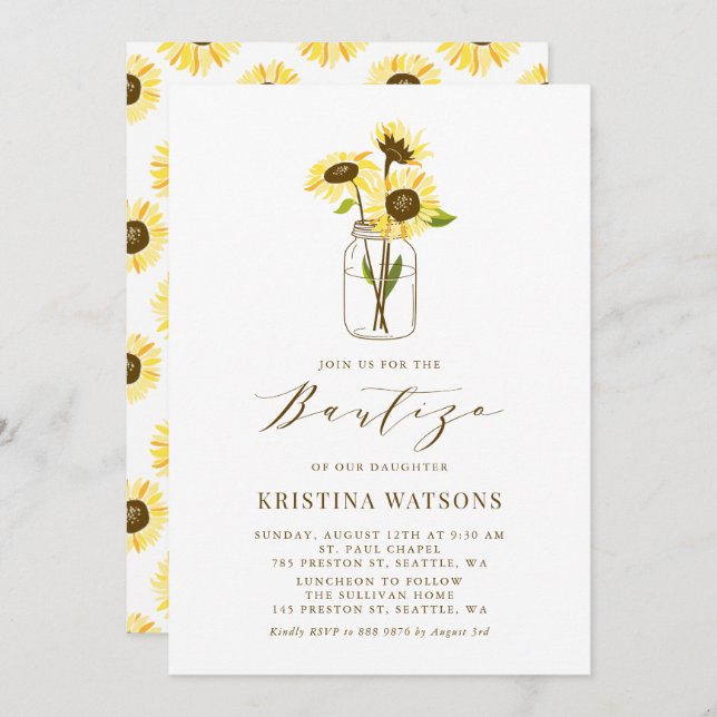 Yellow Sunflowers in a Mason Jar Summer Bautizo Invitation (Front/Back)