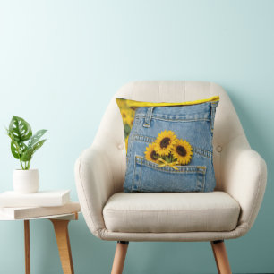 Yellow Sunflowers in Blue Jean Pocket Cushion