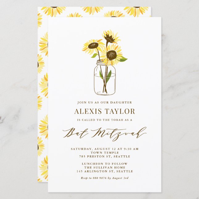 Yellow Sunflowers in Jar Bat Mitzvah Invitation (Front/Back)