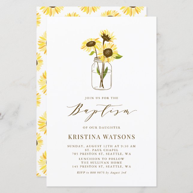 Yellow Sunflowers in Mason Jar Baptism Invitation (Front/Back)
