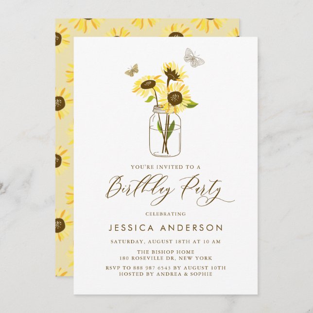 Yellow Sunflowers in Mason Jar Birthday Party Invitation (Front/Back)