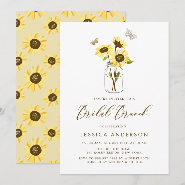 Yellow Sunflowers in Mason Jar Bridal Brunch Invitation (Front/Back)