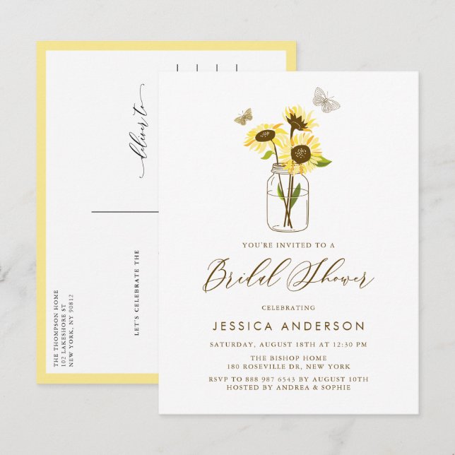 Yellow Sunflowers in Mason Jar Bridal Shower Invitation Postcard (Front/Back)