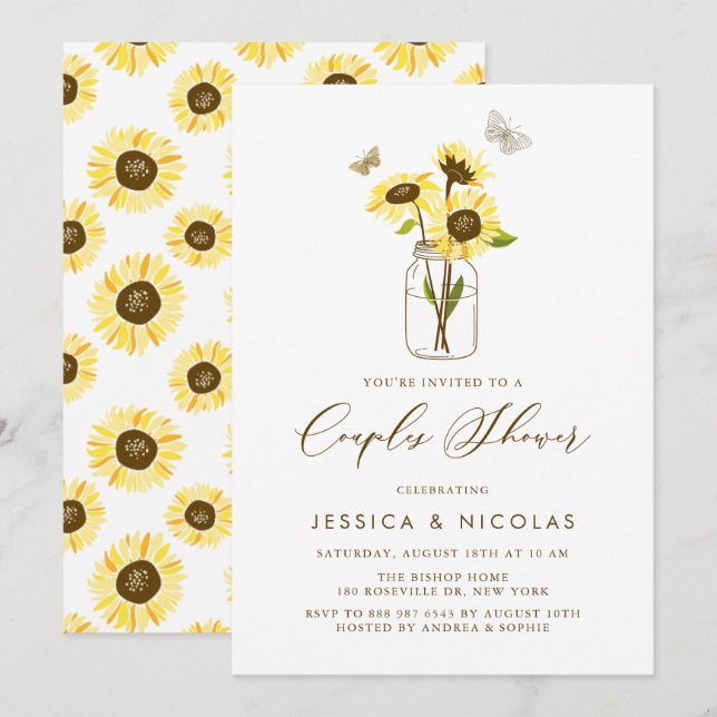 Yellow Sunflowers in Mason Jar Couples Shower Invitation (Front/Back)